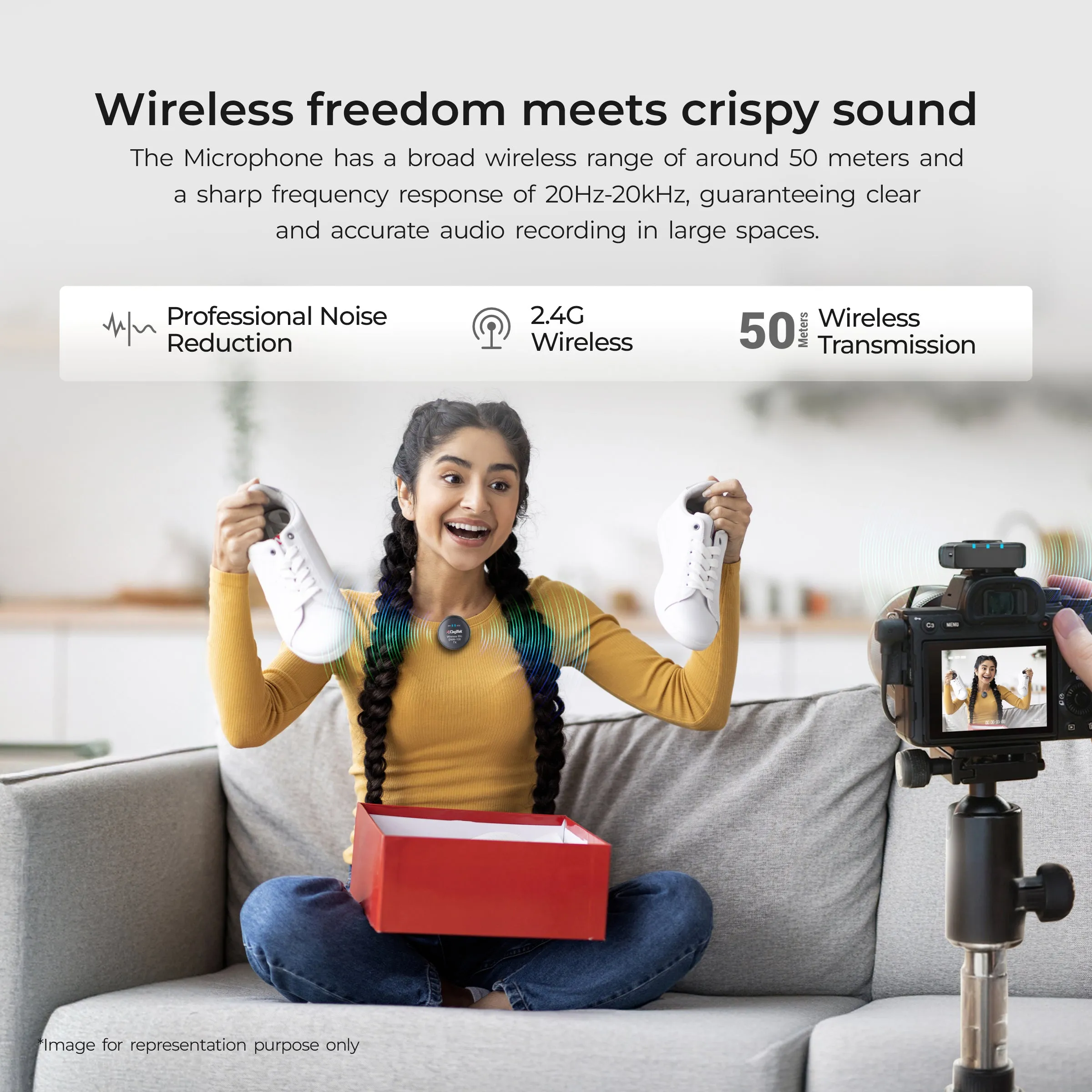 Digitek (DWM-108) 2-in-1 Wireless Microphone System, 360° Sound Capture, 50m Range, 10Hr Battery, Noise Cancellation, For DSLR, Android, iOS, Laptops, Perfect for Vlogging, Interviews & Videoshoots