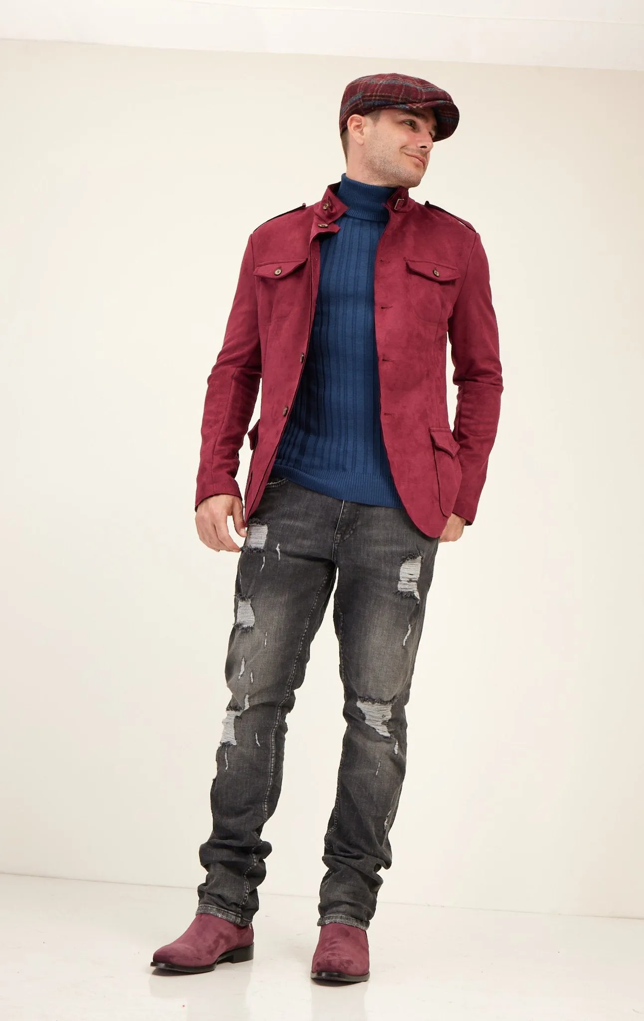 Faux Suede Safari Jacket - Wine