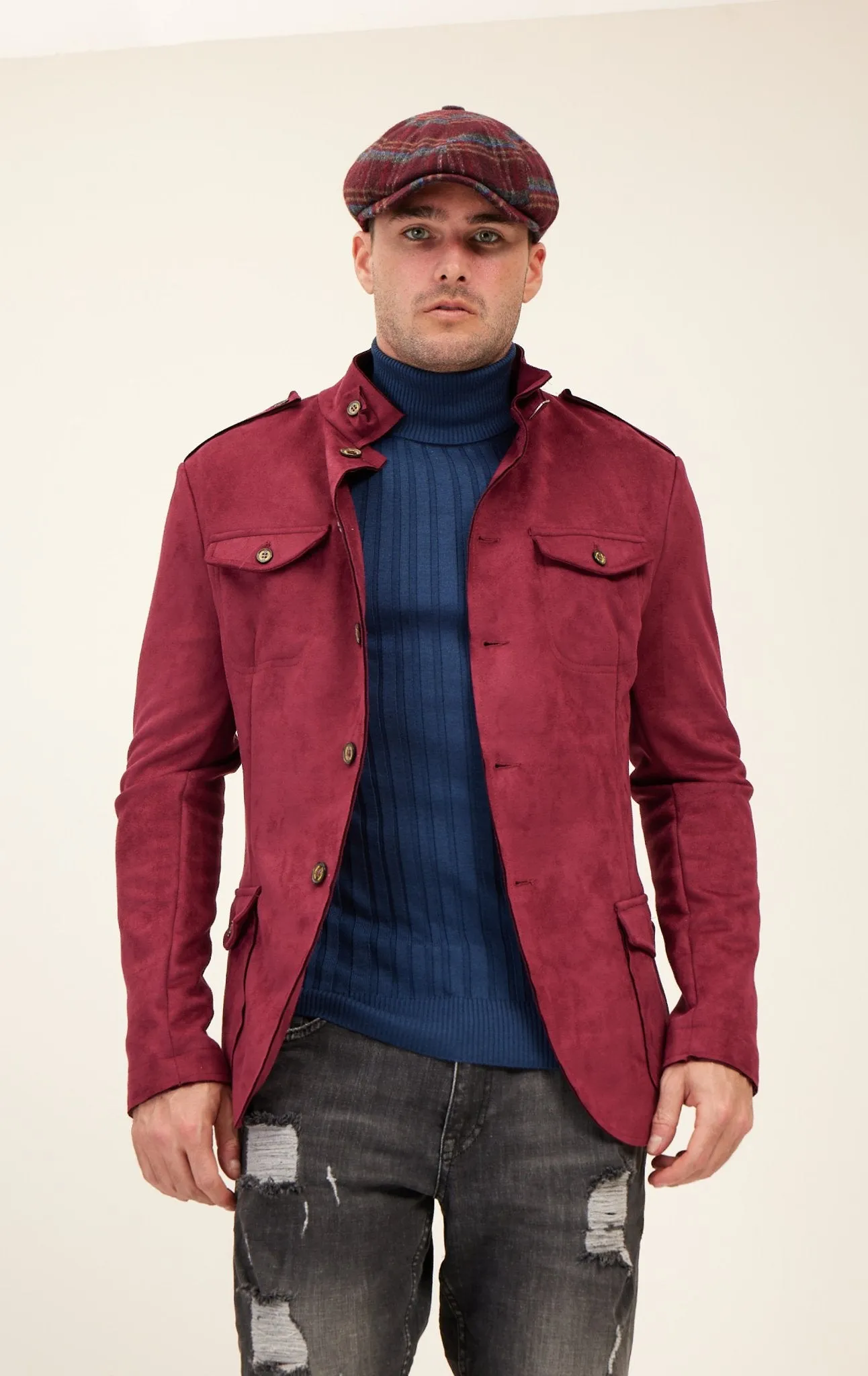 Faux Suede Safari Jacket - Wine
