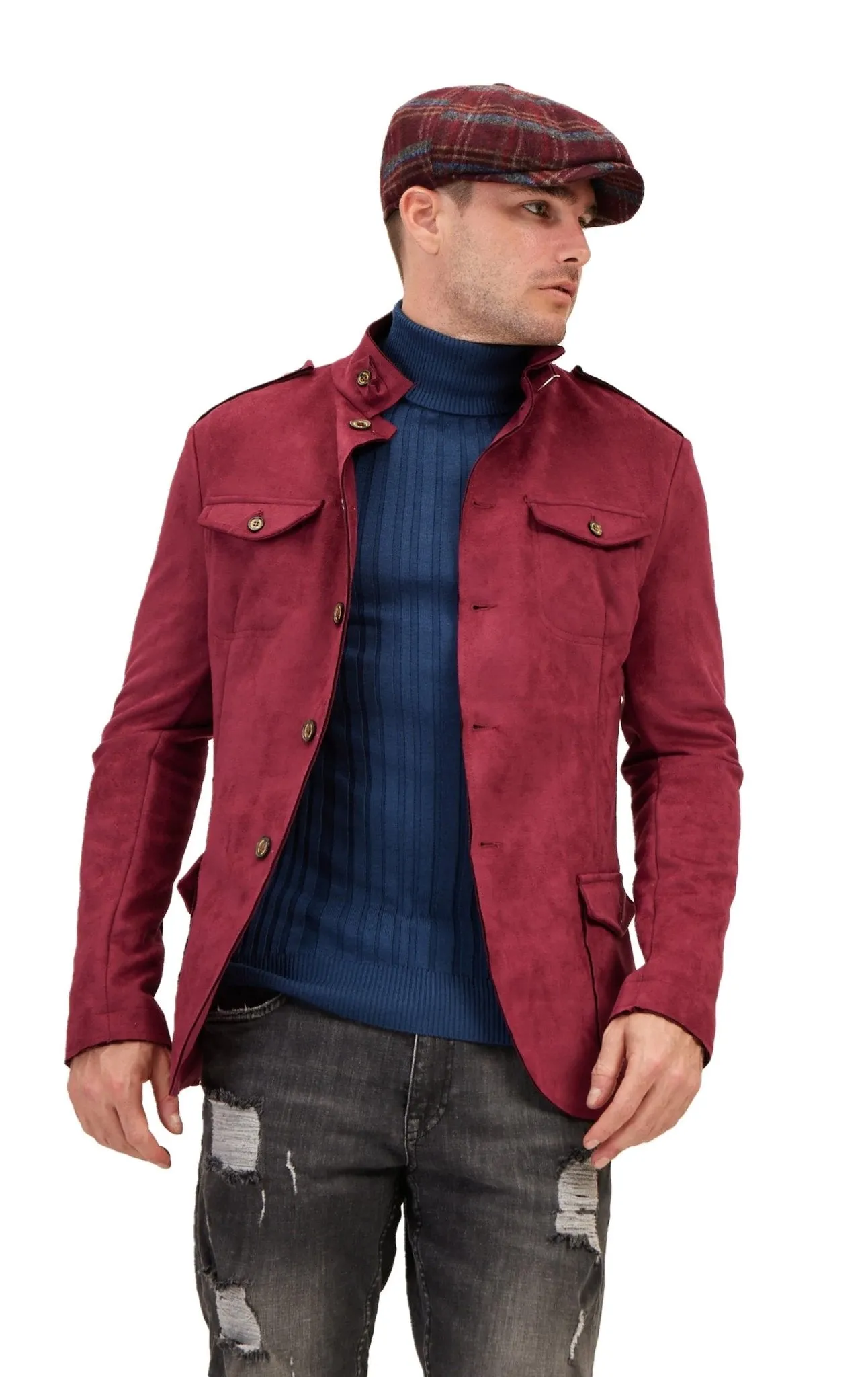 Faux Suede Safari Jacket - Wine