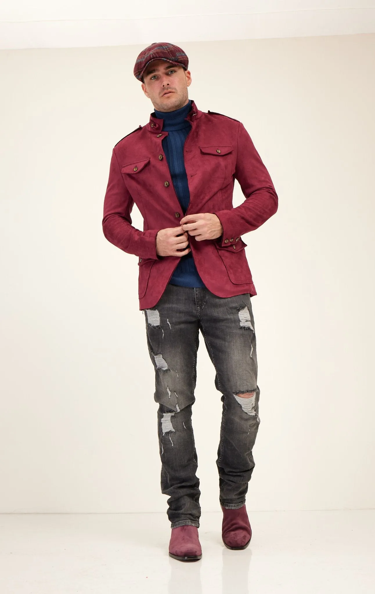Faux Suede Safari Jacket - Wine