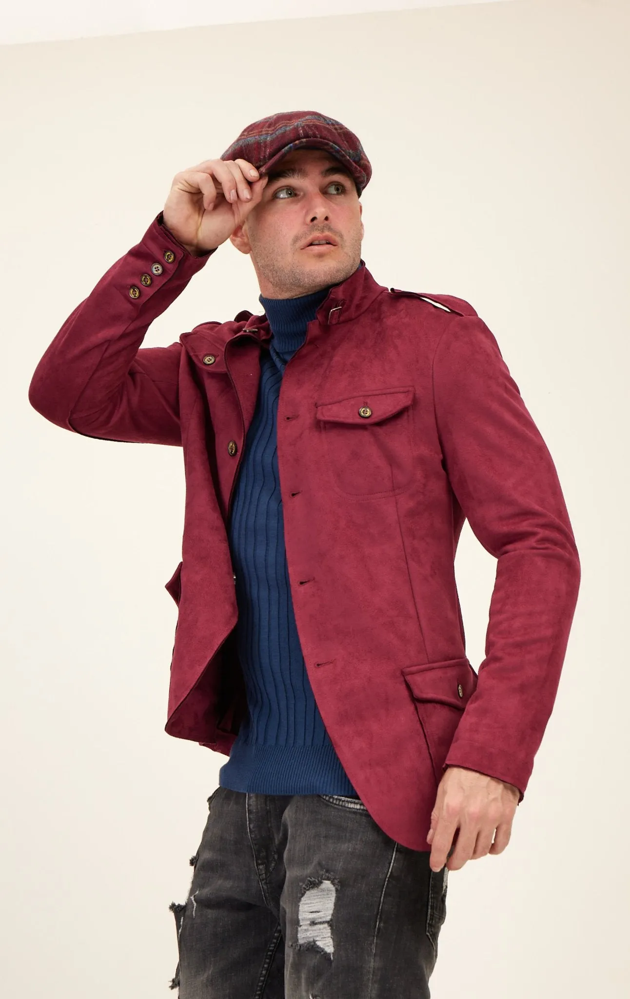 Faux Suede Safari Jacket - Wine
