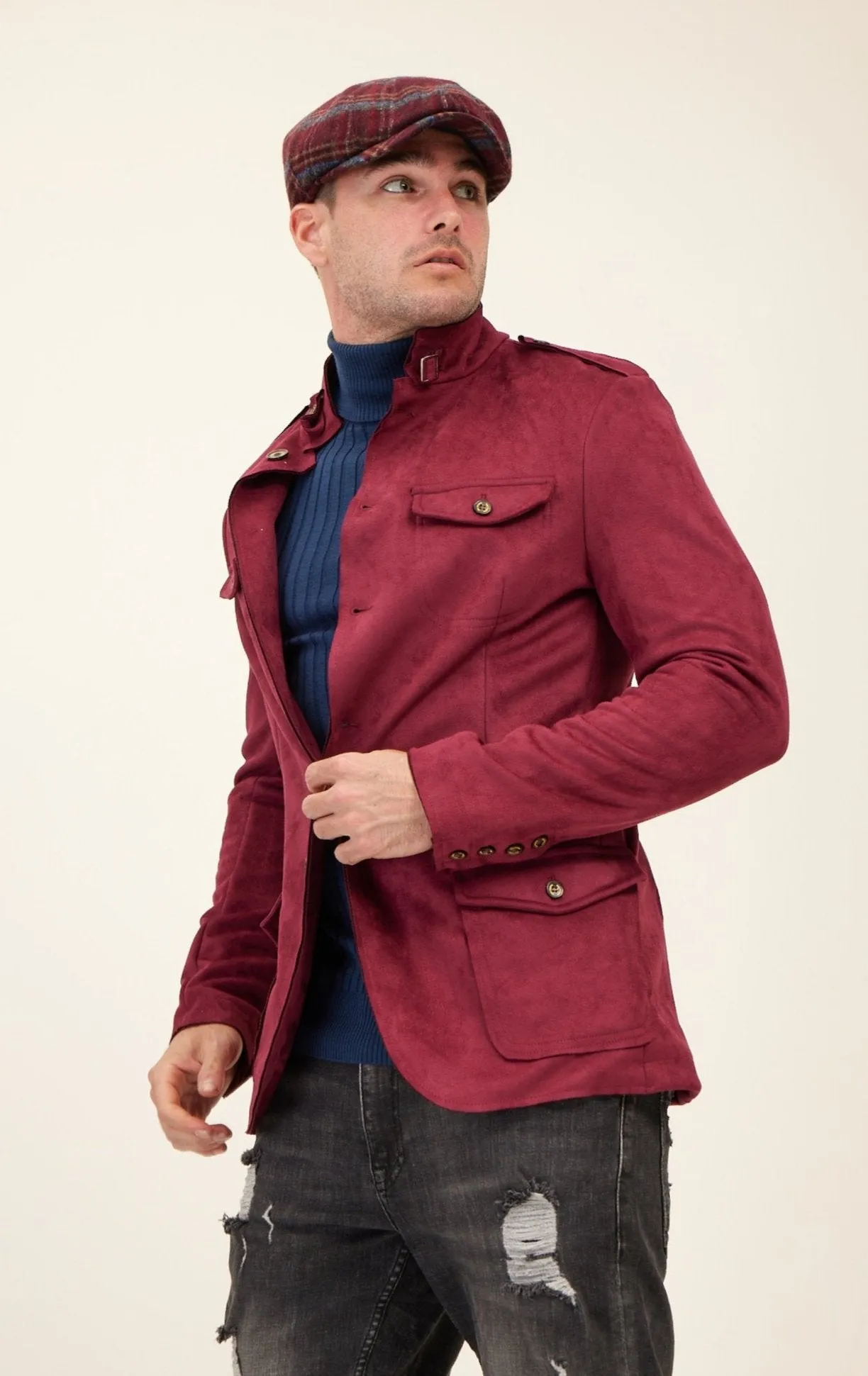Faux Suede Safari Jacket - Wine