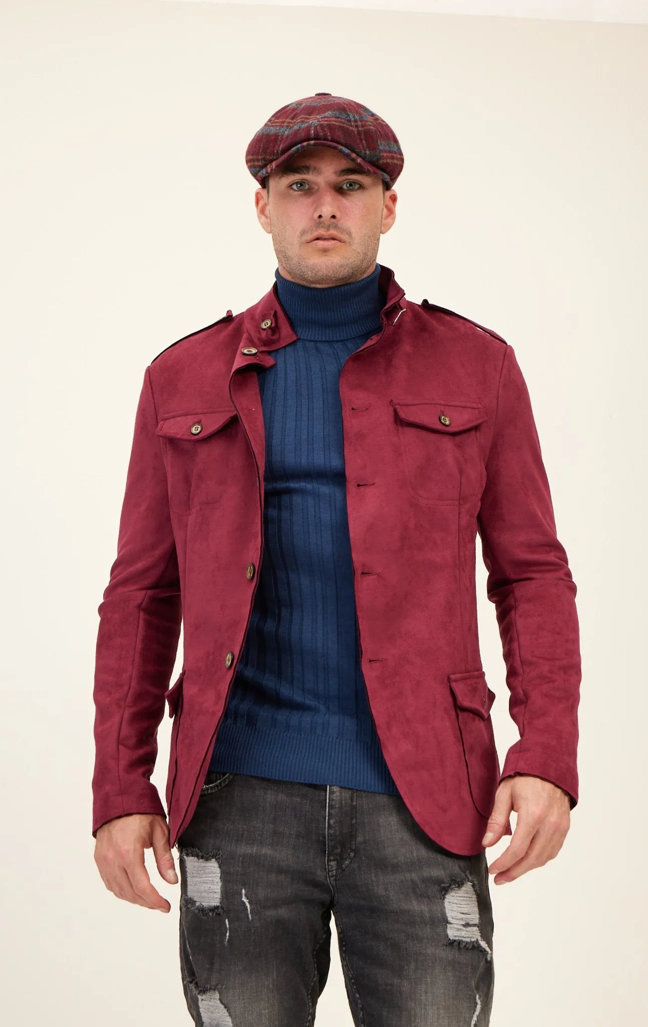 Faux Suede Safari Jacket - Wine