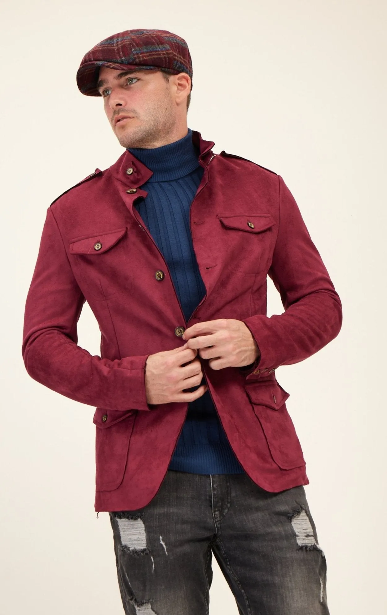 Faux Suede Safari Jacket - Wine