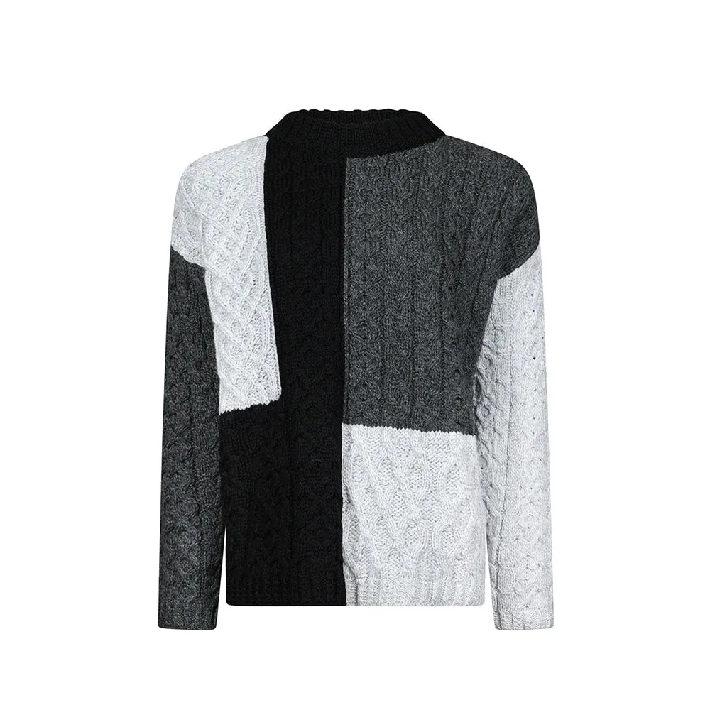 Grey Emma Patchwork Crew Neck Aran Sweater