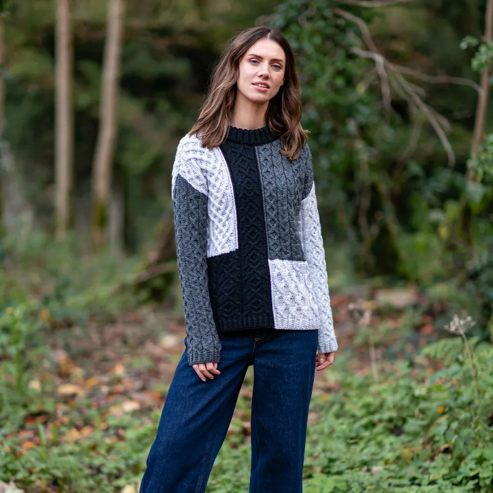 Grey Emma Patchwork Crew Neck Aran Sweater