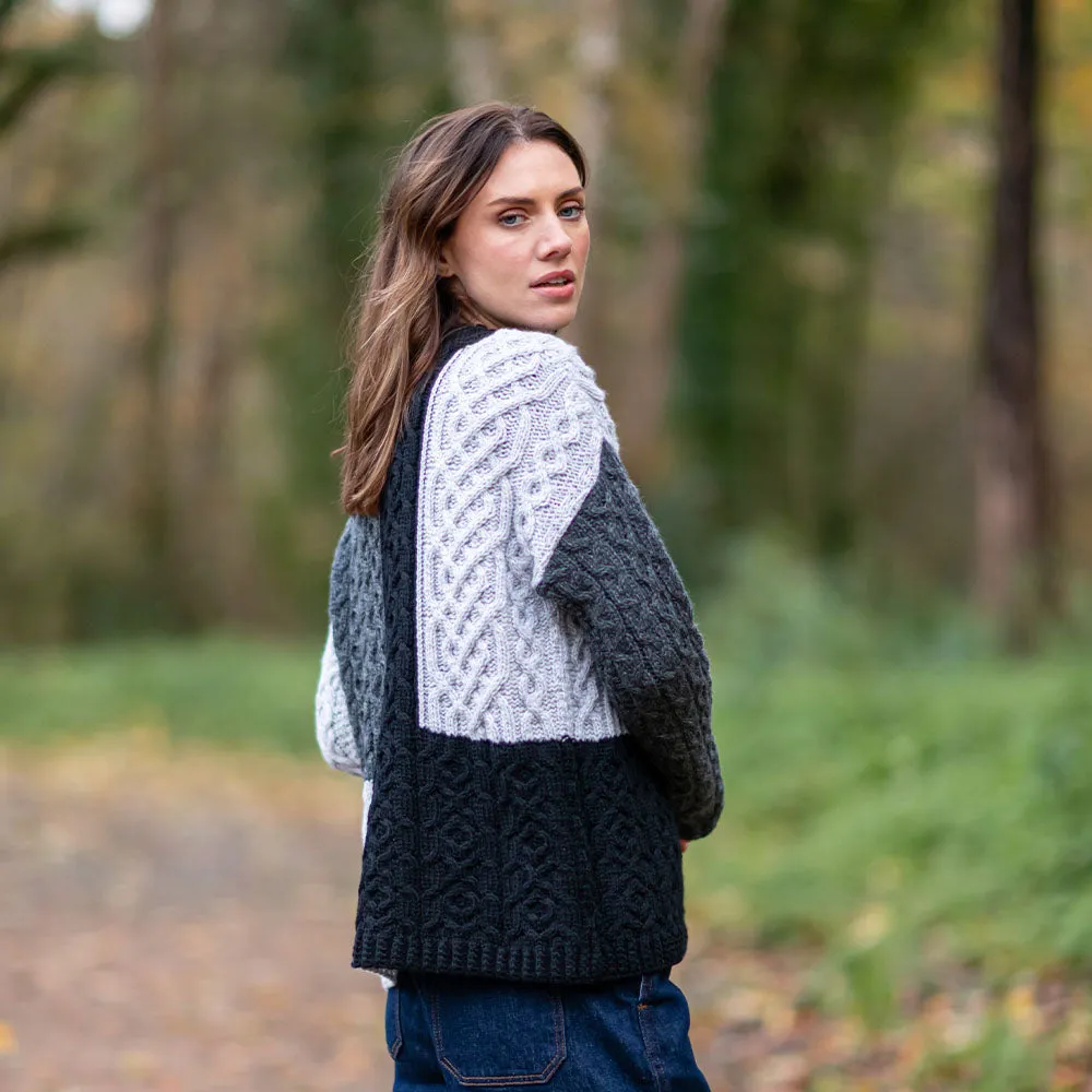Grey Emma Patchwork Crew Neck Aran Sweater