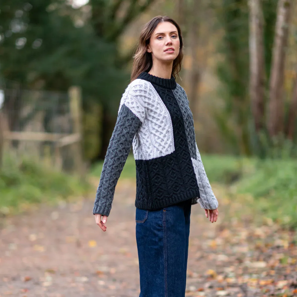 Grey Emma Patchwork Crew Neck Aran Sweater