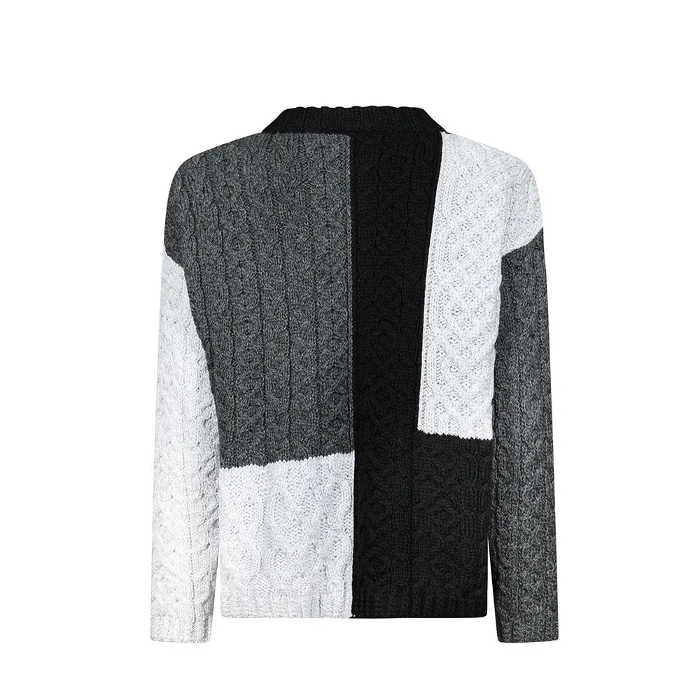 Grey Emma Patchwork Crew Neck Aran Sweater