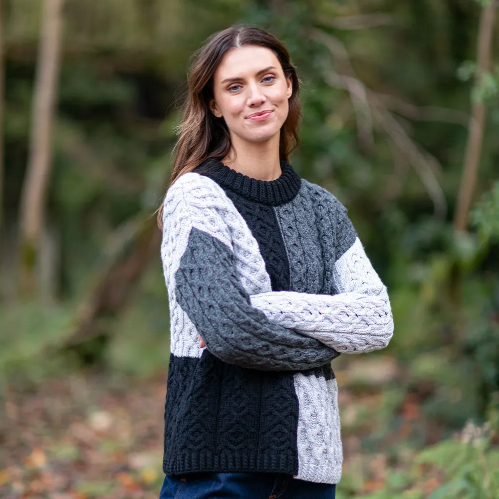Grey Emma Patchwork Crew Neck Aran Sweater