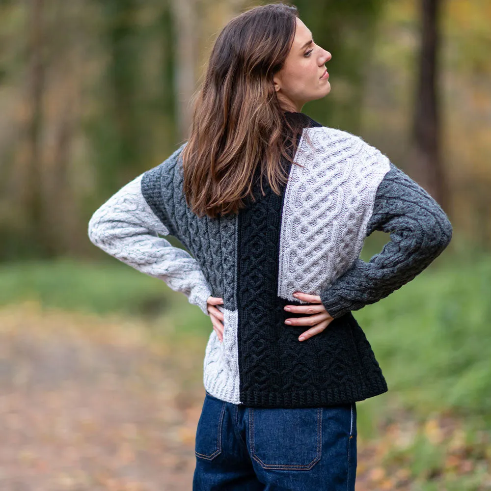 Grey Emma Patchwork Crew Neck Aran Sweater