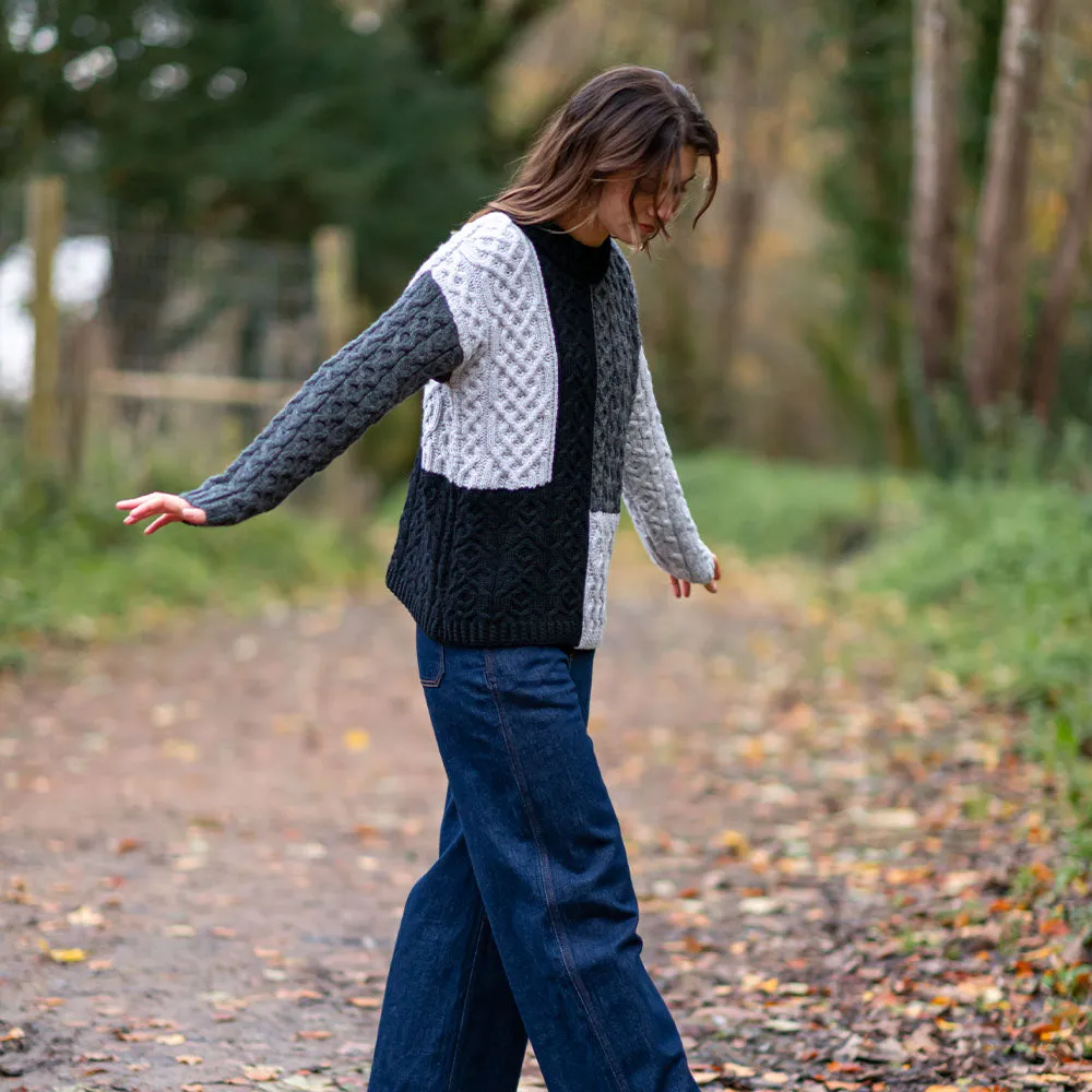 Grey Emma Patchwork Crew Neck Aran Sweater