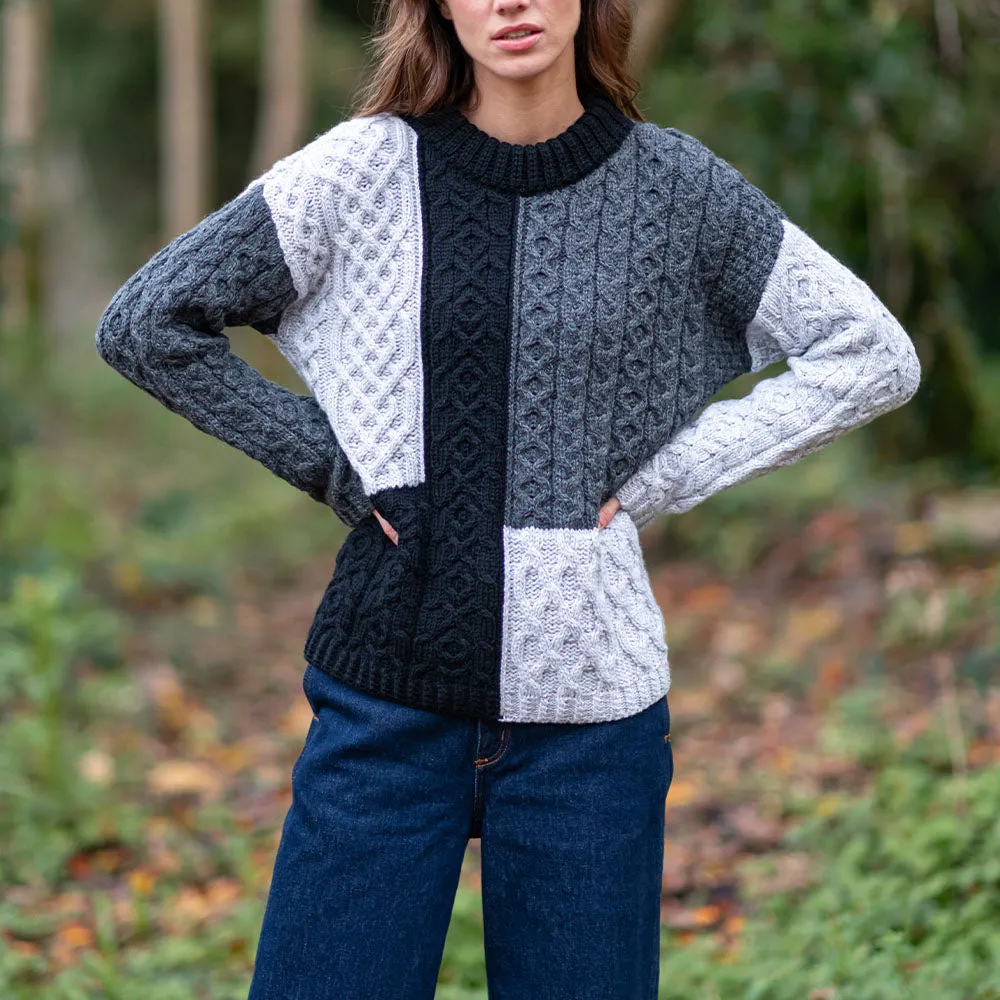 Grey Emma Patchwork Crew Neck Aran Sweater