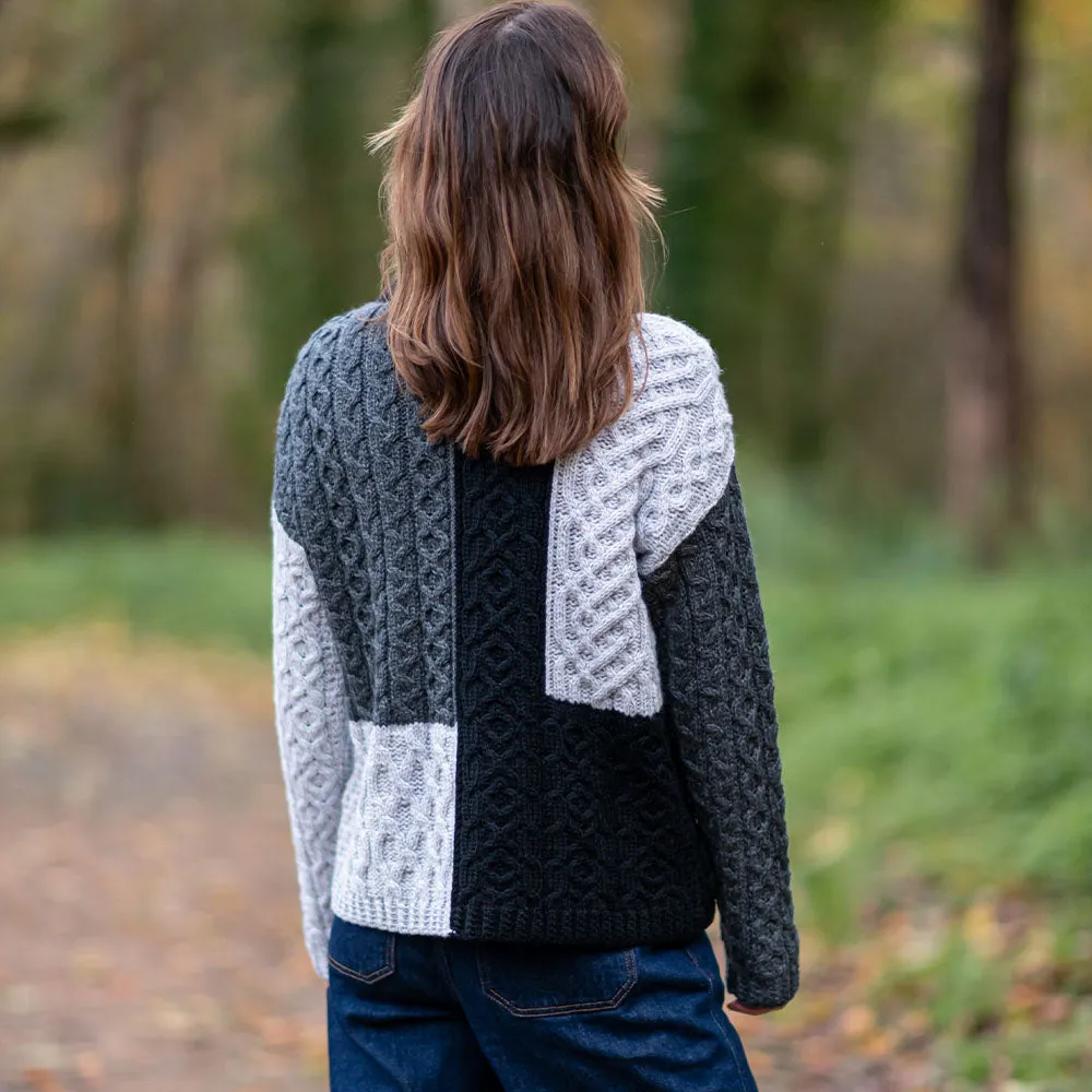 Grey Emma Patchwork Crew Neck Aran Sweater