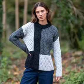 Grey Emma Patchwork Crew Neck Aran Sweater