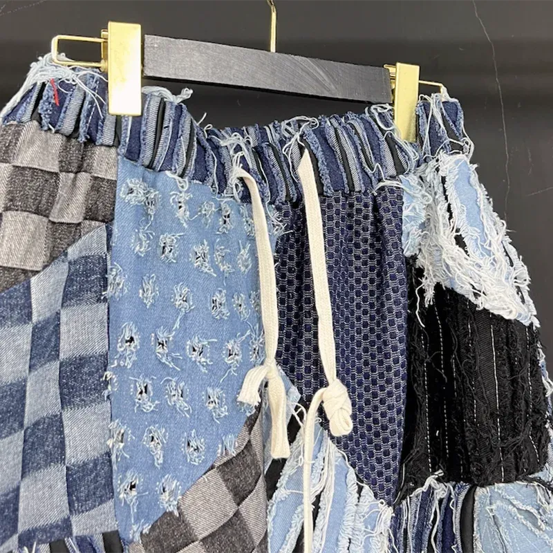 Men's Distressed Denim Patchwork Baggy Shorts