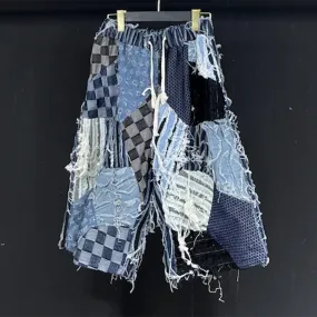 Men's Distressed Denim Patchwork Baggy Shorts