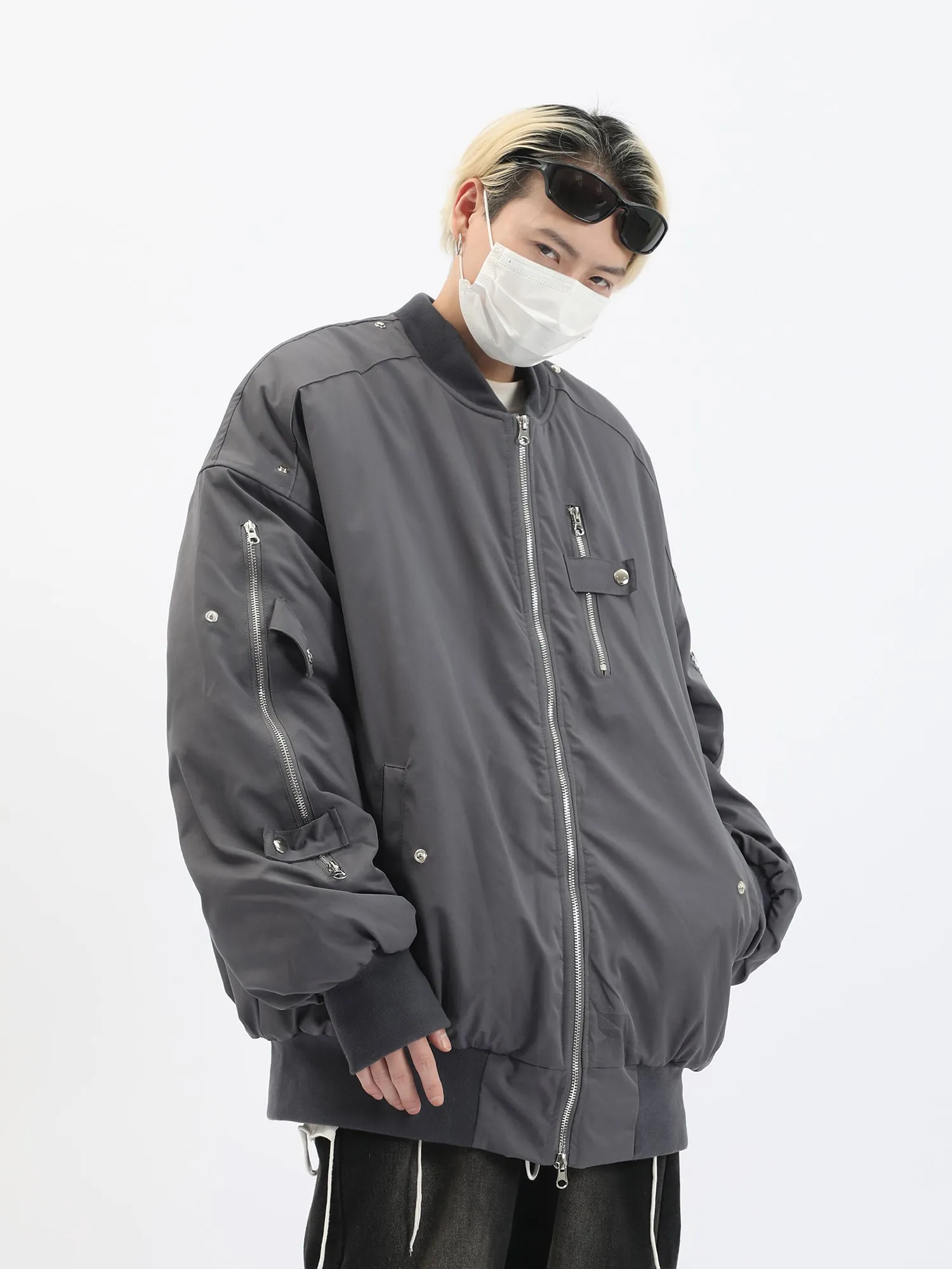 Multi Zipper Oversized Bomber Jacket