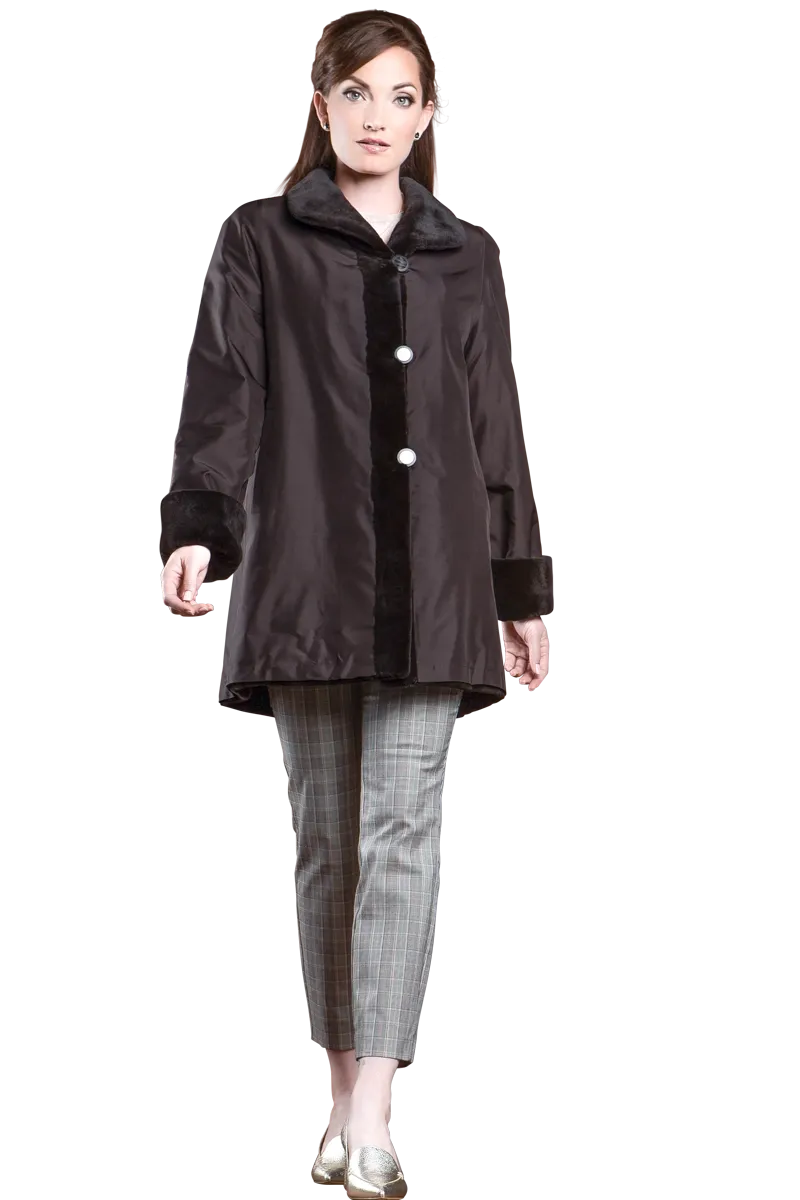 Reversible Sheared Mink Mid-Length Fur Coat - Wing Collar - TB Cuff