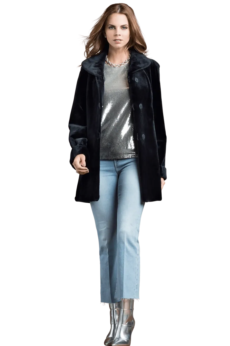 Reversible Sheared Mink Mid-Length Fur Coat - Wing Collar - TB Cuff