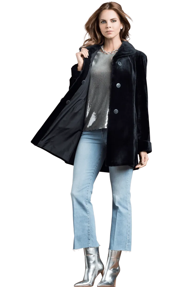 Reversible Sheared Mink Mid-Length Fur Coat - Wing Collar - TB Cuff