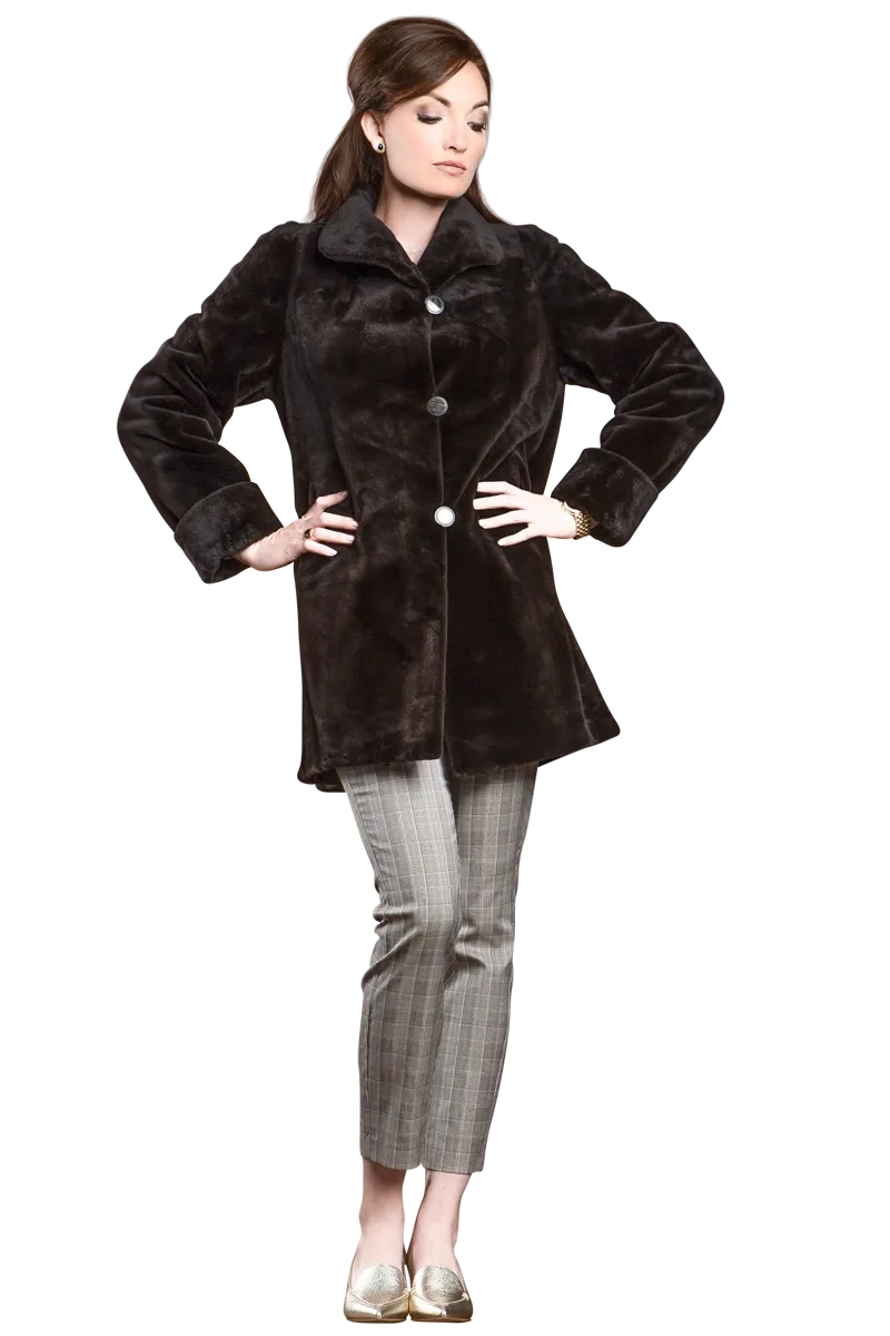 Reversible Sheared Mink Mid-Length Fur Coat - Wing Collar - TB Cuff