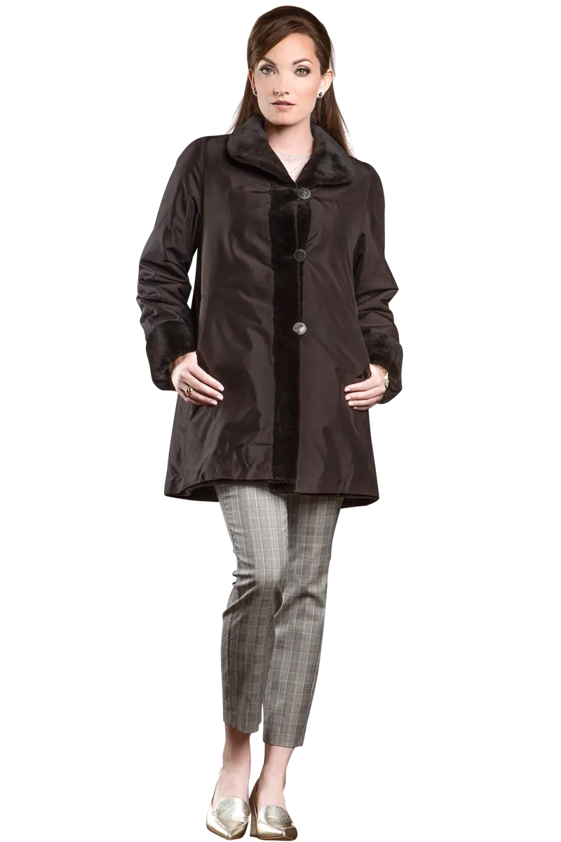 Reversible Sheared Mink Mid-Length Fur Coat - Wing Collar - TB Cuff