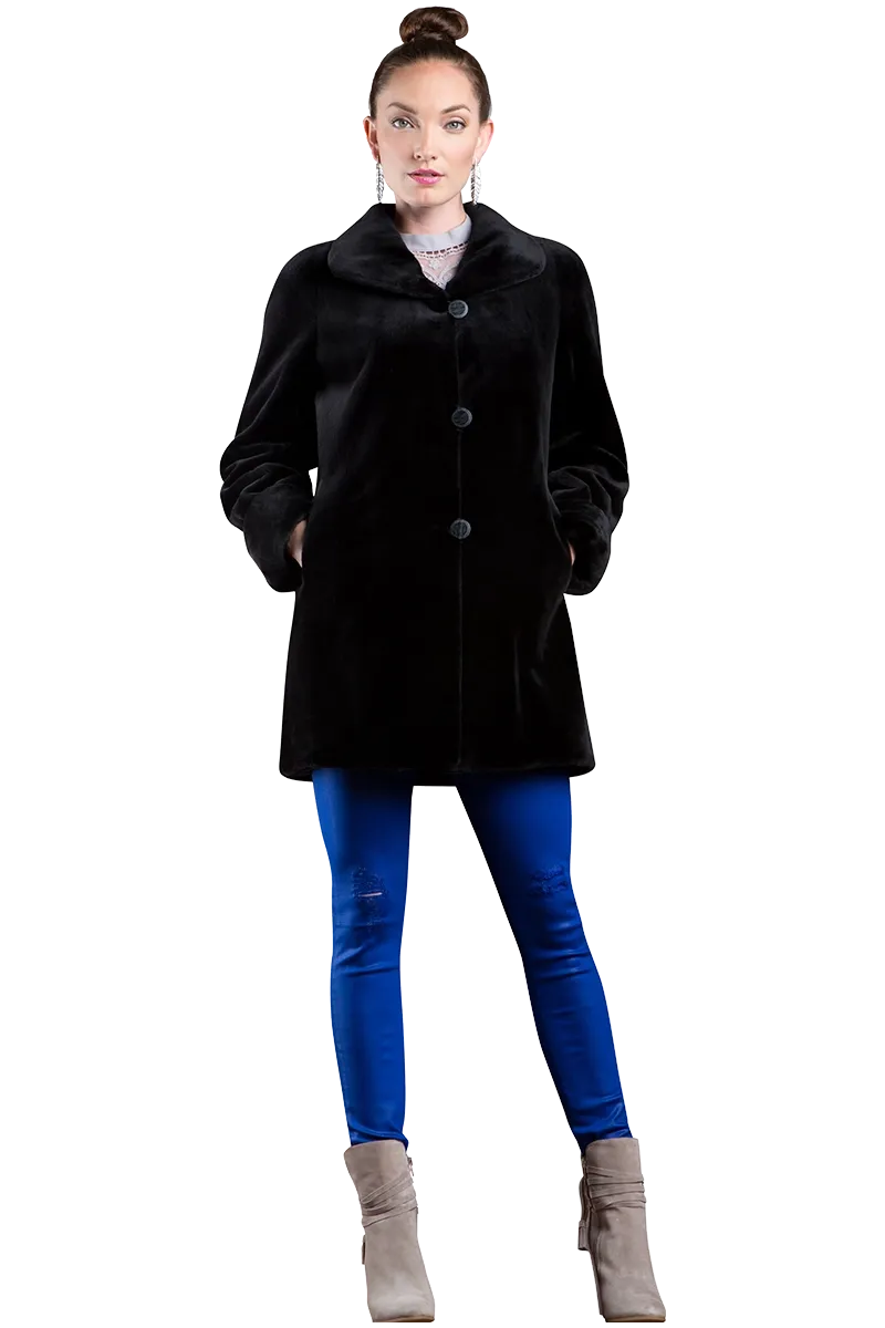 Reversible Sheared Mink Mid-Length Fur Coat - Wing Collar - TB Cuff