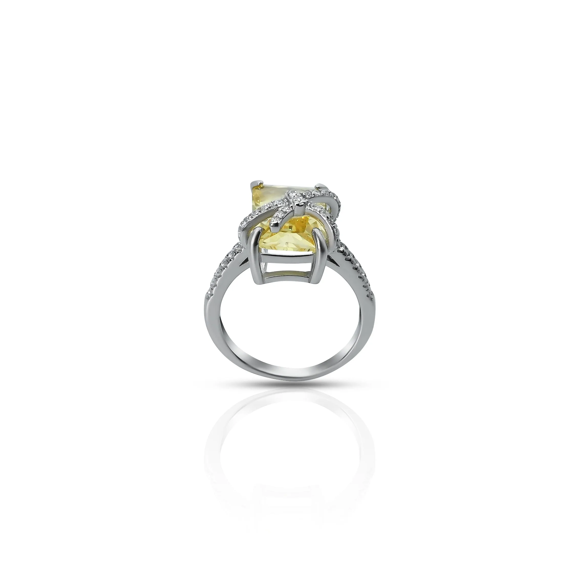 Silver Center Yellow Gem Stone with Binding Thread Desing Ring for Girls