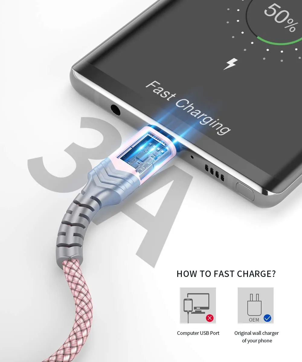 USB Type C 3A Cable, 2-Pack, 6.6ft, (Rose Gold)