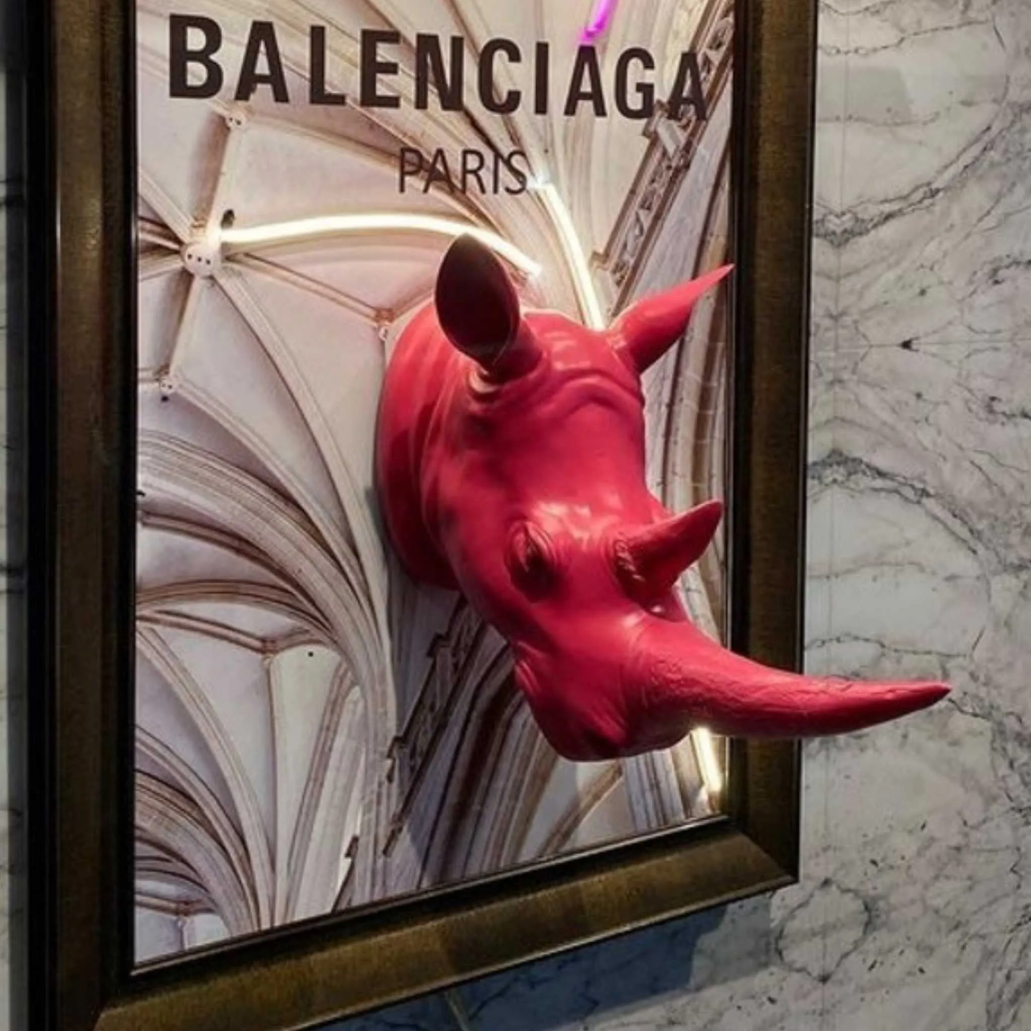 Wild Elegance: Rhino on Balenciaga Print Neon Sign Wall Art