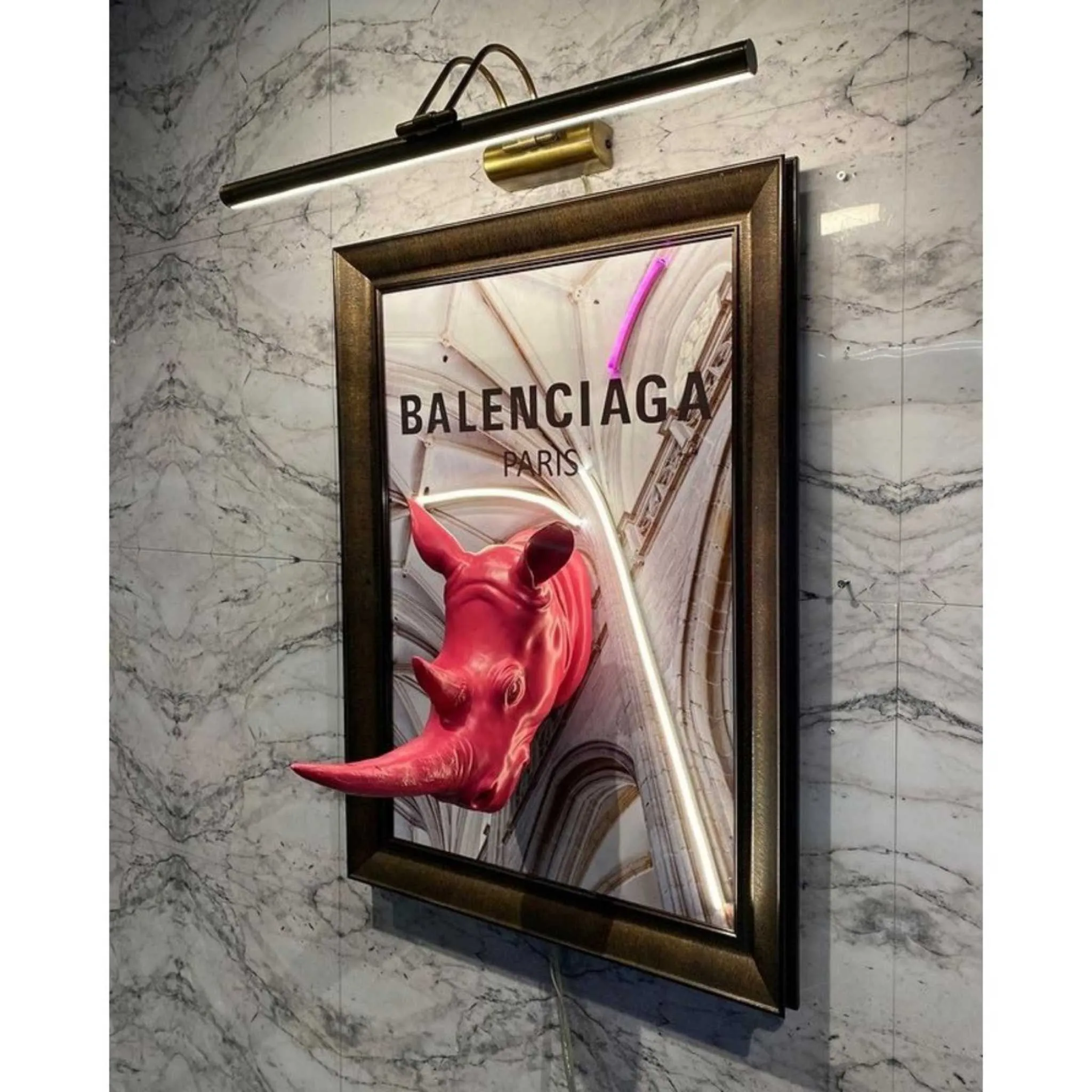 Wild Elegance: Rhino on Balenciaga Print Neon Sign Wall Art