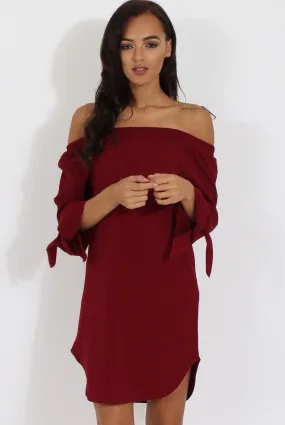 Wine Bardot Tie Cuffs Dress - Whitney